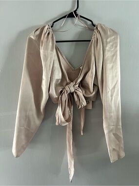 Sincerely Jules Cream Tie-Front Balloon Sleeve Crop Top